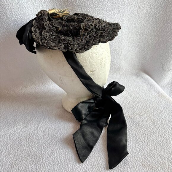 Antique Victorian Black Woven Ribbon Bonnet with Wheat Accents main image 6